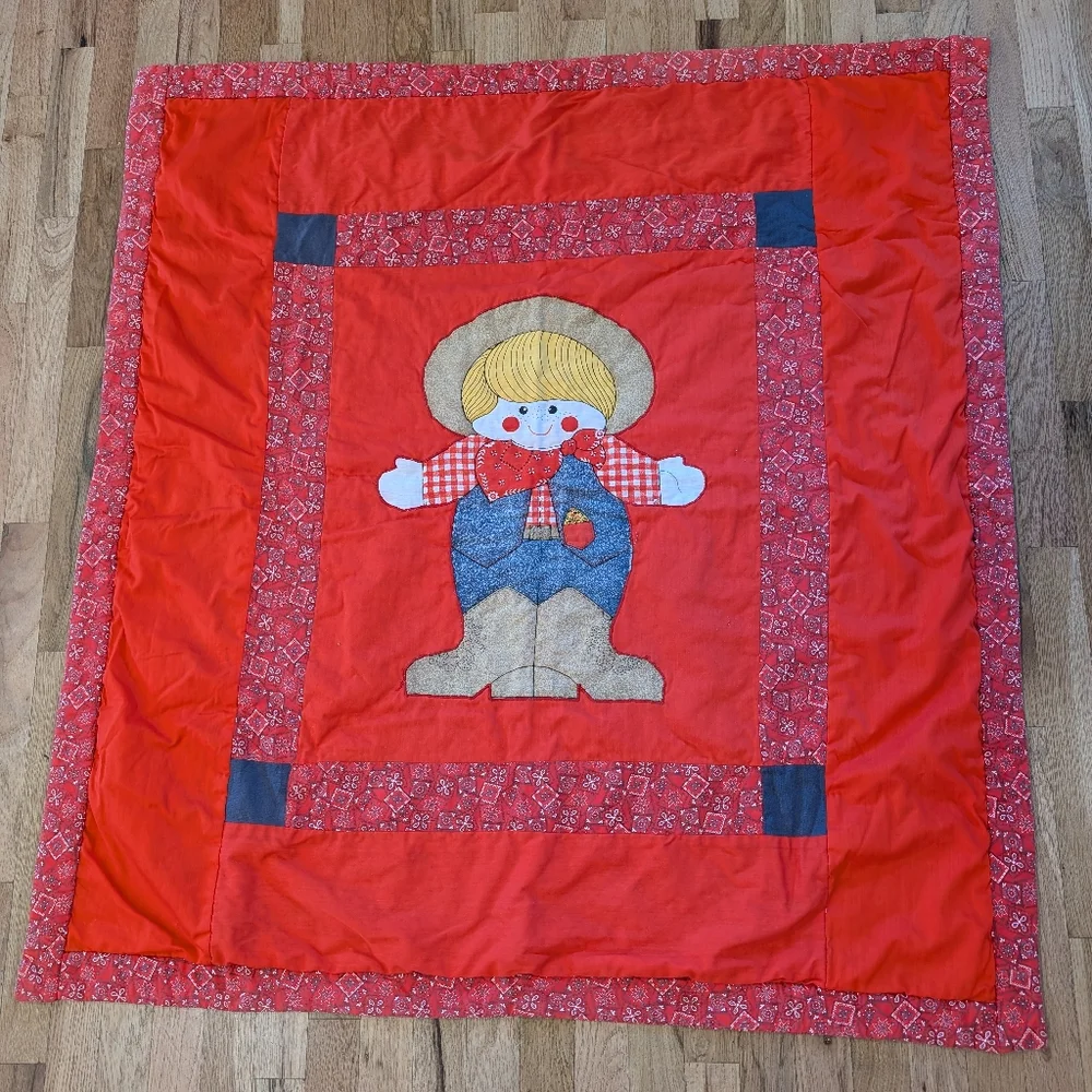 70's Vintage Handmade Baby Qilt Blanket Cowboy Patchwork Red, White & Blue USA